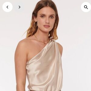 NWT NYC Cami Darby Silk Asymmetrical Bodysuit, size large, tan/latte
